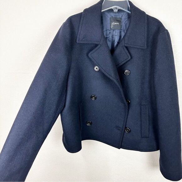 Theory Wool Navy Double Breasted Crop Trench Coat Jacket Size 16 - Picture 2 of 6